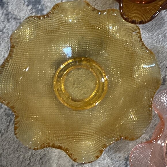 Vintage Italian Colony Amber Waffle Glass Ruffled Fruit Dessert Bowls Lot 1960s - Picture 4 of 13